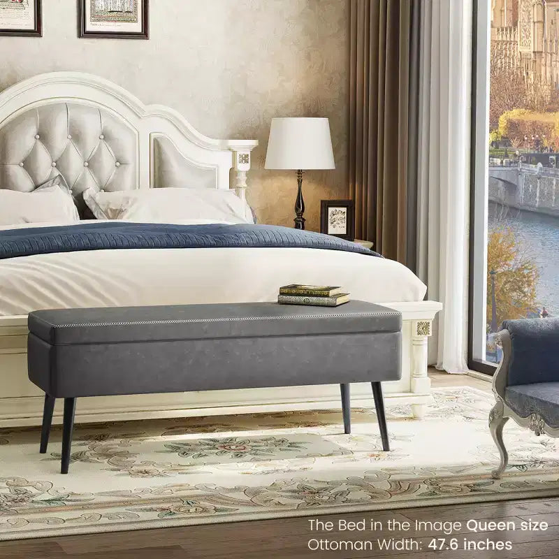 Panca Pouf Moderna di Metà Secolo con Contenitore, Panchina per Scarpe Rivestita in Similpelle, Seduta Rettangolare da Fondo Letto o Ingresso, Doppie Cerniere di Sicurezza