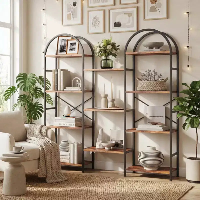 Libreria ad arco a 4 livelli, libreria a giorno grande a 11 ripiani con mensole in legno per soggiorno e camera da letto