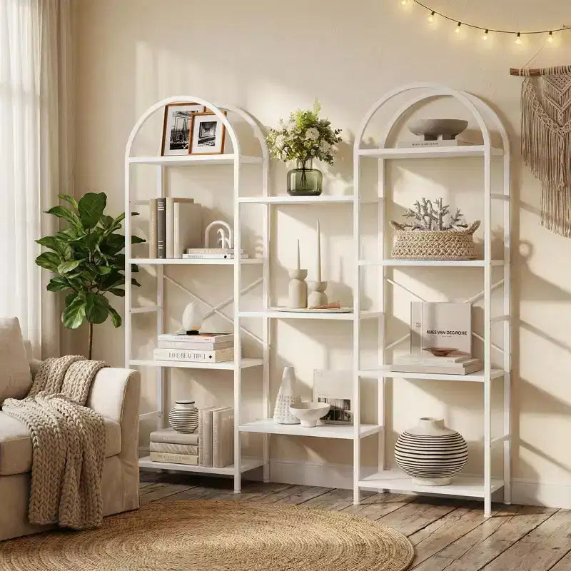 Libreria ad arco a 4 livelli, libreria a giorno grande a 11 ripiani con mensole in legno per soggiorno e camera da letto