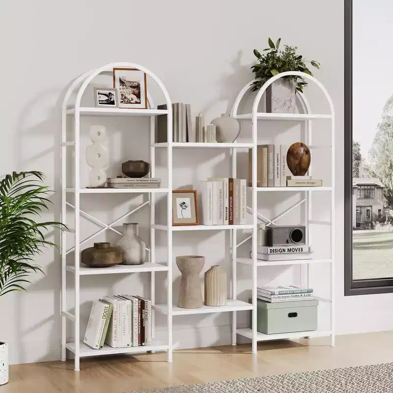 Libreria ad arco a 4 livelli, libreria a giorno grande a 11 ripiani con mensole in legno per soggiorno e camera da letto