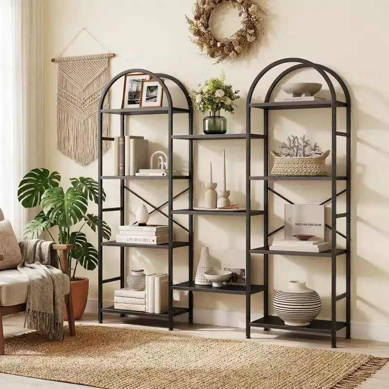 Libreria ad arco a 4 livelli, libreria a giorno grande a 11 ripiani con mensole in legno per soggiorno e camera da letto