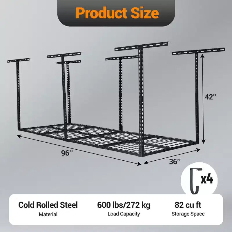 Set di scaffali pensili robusti per garage, organizer da soffitto regolabile in metallo per viaggi, massimizza lo spazio, capacità 272 kg, 0,9x2,4 m