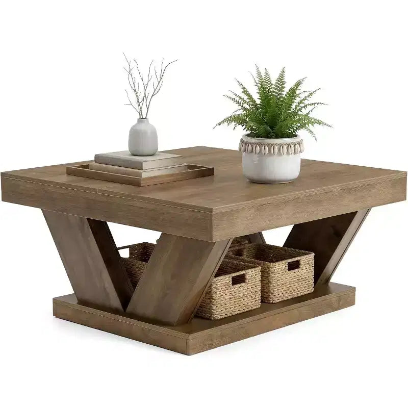 Tavolino da caffè Lantine in stile rustico con ampio ripiano portaoggetti, tavolino moderno a 2 ripiani in legno per soggiorno e ufficio, marrone rustico