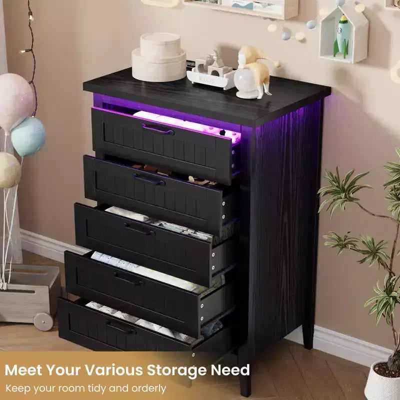 Comodino Moderno con 3/5/6/8 Cassetti e Luce LED, Comodino Piccolo in Legno e Cassettiera, Armadio Organizer per Camera da Letto, Armadio e Soggiorno
