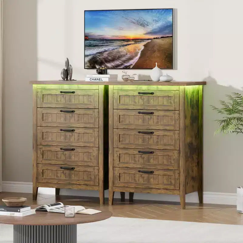 Comodino Moderno con 3/5/6/8 Cassetti e Luce LED, Comodino Piccolo in Legno e Cassettiera, Armadio Organizer per Camera da Letto, Armadio e Soggiorno