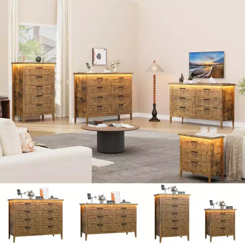 Comodino Moderno con 3/5/6/8 Cassetti e Luce LED, Comodino Piccolo in Legno e Cassettiera, Armadio Organizer per Camera da Letto, Armadio e Soggiorno