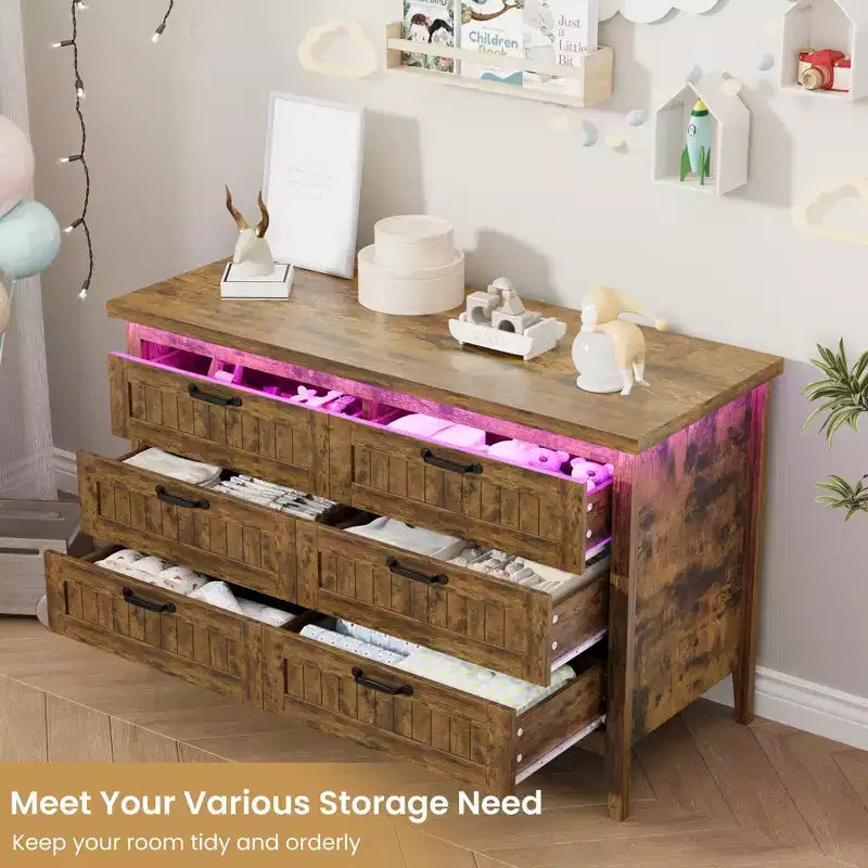 Comodino Moderno con 3/5/6/8 Cassetti e Luce LED, Comodino Piccolo in Legno e Cassettiera, Armadio Organizer per Camera da Letto, Armadio e Soggiorno