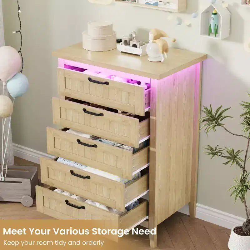 Comodino Moderno con 3/5/6/8 Cassetti e Luce LED, Comodino Piccolo in Legno e Cassettiera, Armadio Organizer per Camera da Letto, Armadio e Soggiorno