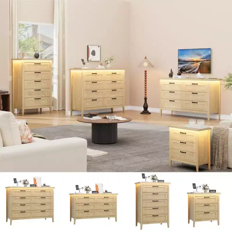 Comodino Moderno con 3/5/6/8 Cassetti e Luce LED, Comodino Piccolo in Legno e Cassettiera, Armadio Organizer per Camera da Letto, Armadio e Soggiorno