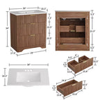 Mobile bagno moderno a doghe con lavabo integrato in ceramica, mobile bagno indipendente con 3 cassetti per bagni contemporanei