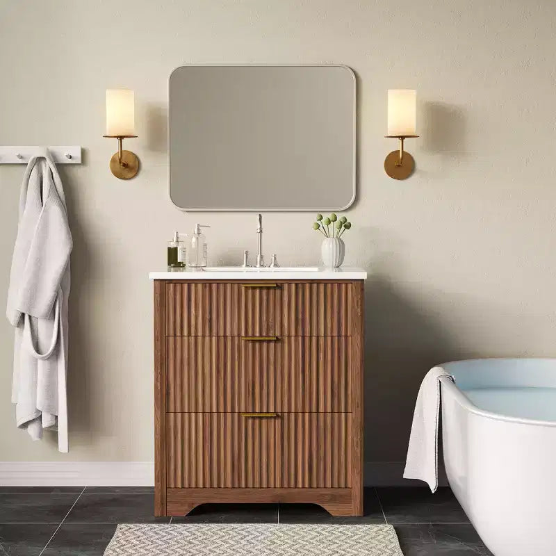 Mobile bagno moderno a doghe con lavabo integrato in ceramica, mobile bagno indipendente con 3 cassetti per bagni contemporanei