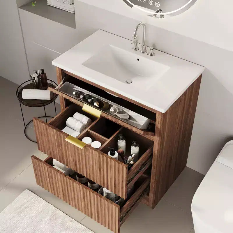 Mobile bagno moderno a doghe con lavabo integrato in ceramica, mobile bagno indipendente con 3 cassetti per bagni contemporanei