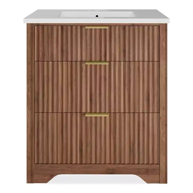 Mobile bagno moderno a doghe con lavabo integrato in ceramica, mobile bagno indipendente con 3 cassetti per bagni contemporanei