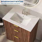 Mobile bagno moderno a doghe con lavabo integrato in ceramica, mobile bagno indipendente con 3 cassetti per bagni contemporanei