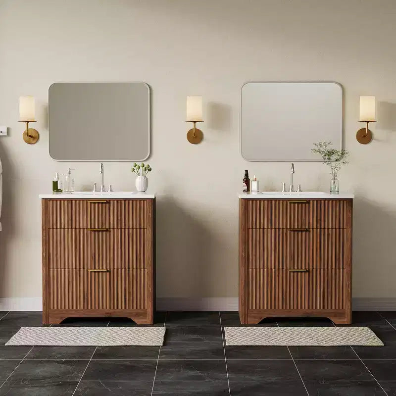 Mobile bagno moderno a doghe con lavabo integrato in ceramica, mobile bagno indipendente con 3 cassetti per bagni contemporanei