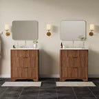 Mobile bagno moderno a doghe con lavabo integrato in ceramica, mobile bagno indipendente con 3 cassetti per bagni contemporanei