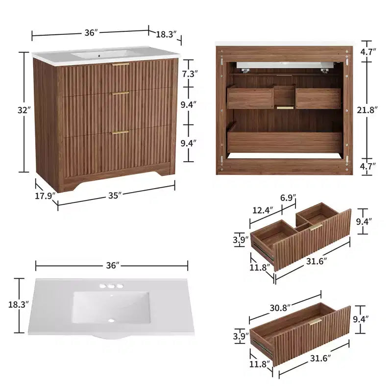Mobile bagno moderno a doghe con lavabo integrato in ceramica, mobile bagno indipendente con 3 cassetti per bagni contemporanei