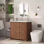 Mobile bagno moderno a doghe con lavabo integrato in ceramica, mobile bagno indipendente con 3 cassetti per bagni contemporanei
