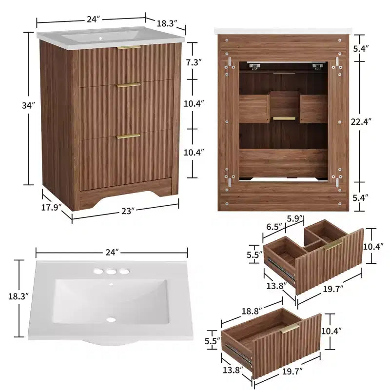 Mobile bagno moderno a doghe con lavabo integrato in ceramica, mobile bagno indipendente con 3 cassetti per bagni contemporanei