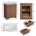Mobile bagno moderno a doghe con lavabo integrato in ceramica, mobile bagno indipendente con 3 cassetti per bagni contemporanei