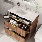 Mobile bagno moderno a doghe con lavabo integrato in ceramica, mobile bagno indipendente con 3 cassetti per bagni contemporanei