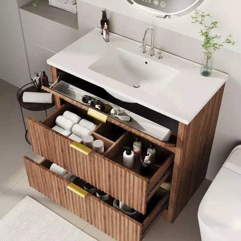 Mobile bagno moderno a doghe con lavabo integrato in ceramica, mobile bagno indipendente con 3 cassetti per bagni contemporanei