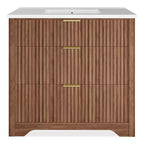 Mobile bagno moderno a doghe con lavabo integrato in ceramica, mobile bagno indipendente con 3 cassetti per bagni contemporanei