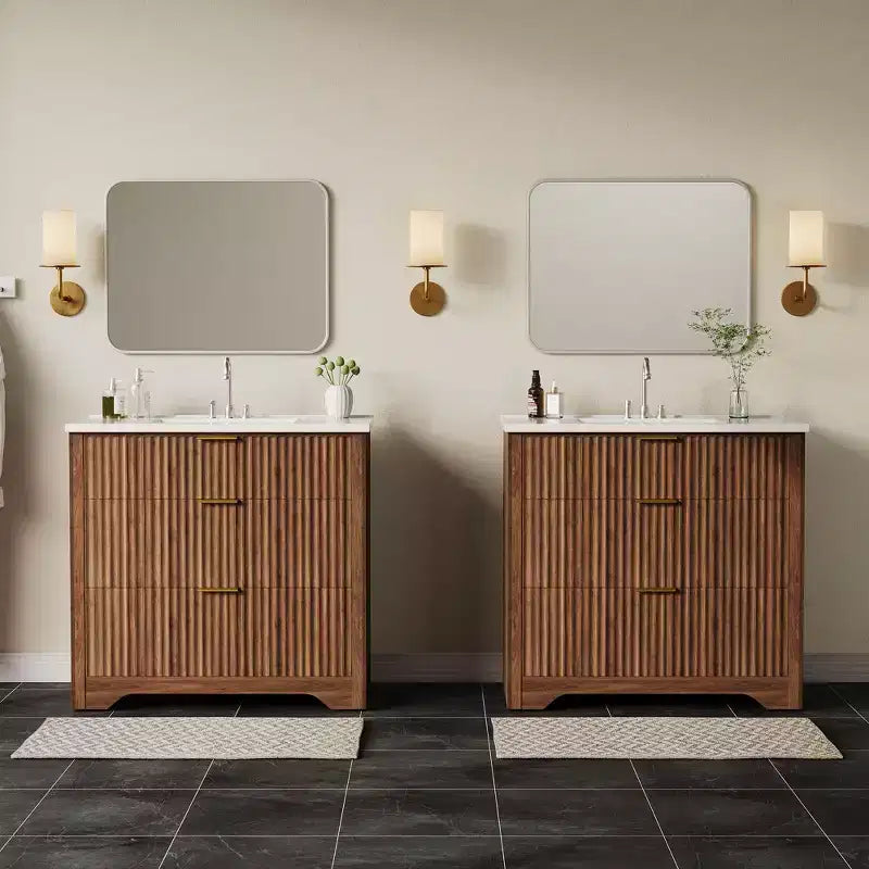 Mobile bagno moderno a doghe con lavabo integrato in ceramica, mobile bagno indipendente con 3 cassetti per bagni contemporanei