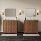 Mobile bagno moderno a doghe con lavabo integrato in ceramica, mobile bagno indipendente con 3 cassetti per bagni contemporanei