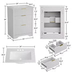 Mobile bagno moderno a doghe con lavabo integrato in ceramica, mobile bagno indipendente con 3 cassetti per bagni contemporanei