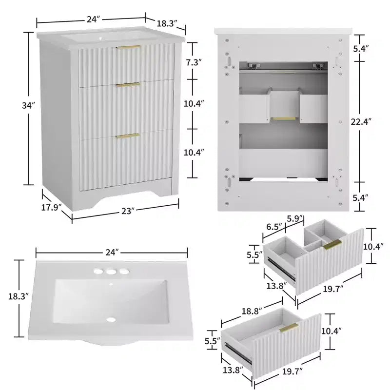 Mobile bagno moderno a doghe con lavabo integrato in ceramica, mobile bagno indipendente con 3 cassetti per bagni contemporanei