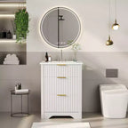 Mobile bagno moderno a doghe con lavabo integrato in ceramica, mobile bagno indipendente con 3 cassetti per bagni contemporanei