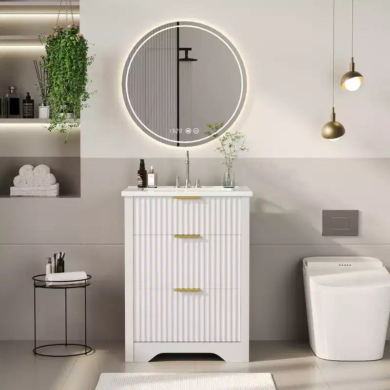 Mobile bagno moderno a doghe con lavabo integrato in ceramica, mobile bagno indipendente con 3 cassetti per bagni contemporanei