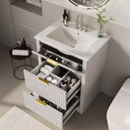 Mobile bagno moderno a doghe con lavabo integrato in ceramica, mobile bagno indipendente con 3 cassetti per bagni contemporanei