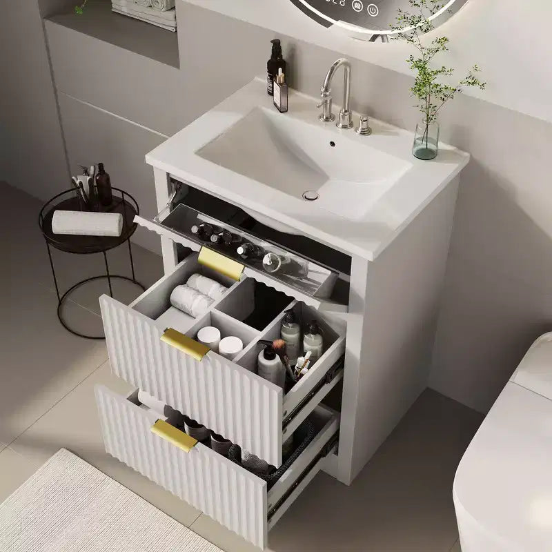 Mobile bagno moderno a doghe con lavabo integrato in ceramica, mobile bagno indipendente con 3 cassetti per bagni contemporanei