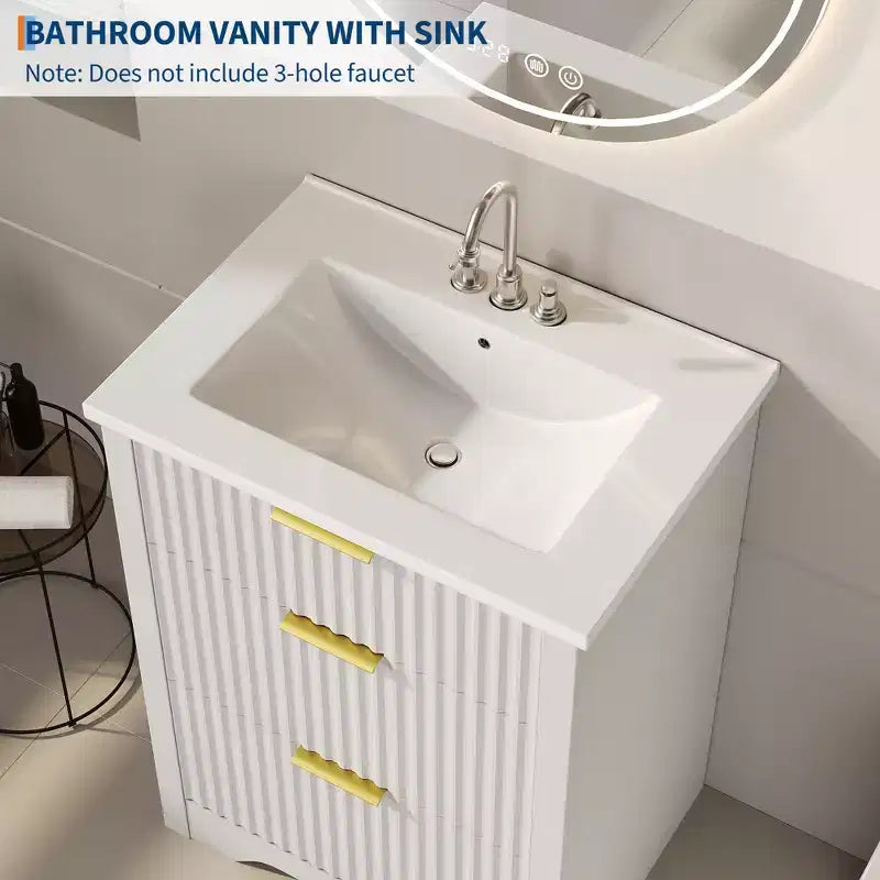 Mobile bagno moderno a doghe con lavabo integrato in ceramica, mobile bagno indipendente con 3 cassetti per bagni contemporanei