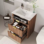 Mobile bagno moderno a doghe con lavabo integrato in ceramica, mobile bagno indipendente con 3 cassetti per bagni contemporanei