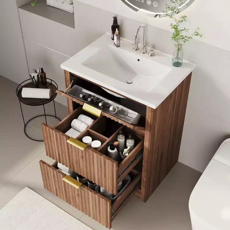 Mobile bagno moderno a doghe con lavabo integrato in ceramica, mobile bagno indipendente con 3 cassetti per bagni contemporanei