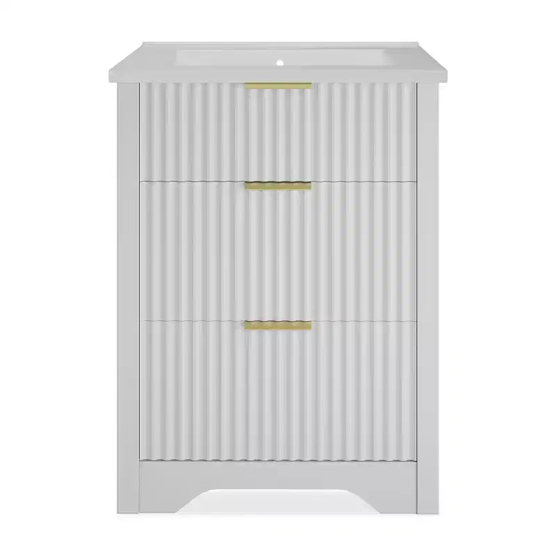 Mobile bagno moderno a doghe con lavabo integrato in ceramica, mobile bagno indipendente con 3 cassetti per bagni contemporanei