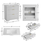 Mobile bagno moderno a doghe con lavabo integrato in ceramica, mobile bagno indipendente con 3 cassetti per bagni contemporanei