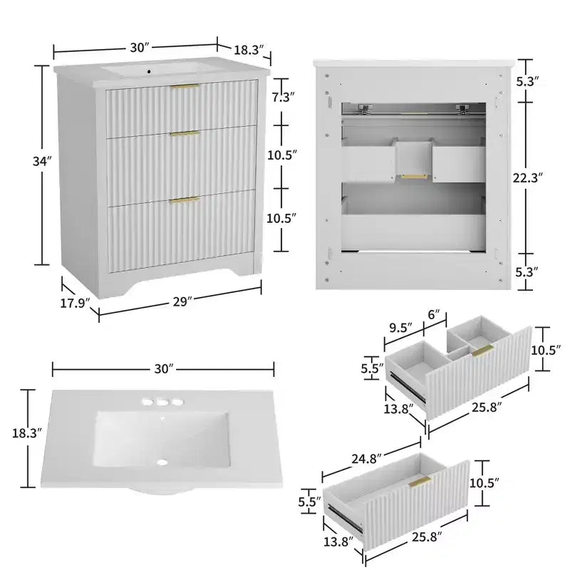 Mobile bagno moderno a doghe con lavabo integrato in ceramica, mobile bagno indipendente con 3 cassetti per bagni contemporanei