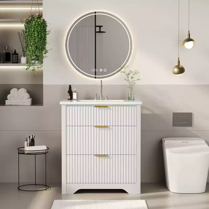 Mobile bagno moderno a doghe con lavabo integrato in ceramica, mobile bagno indipendente con 3 cassetti per bagni contemporanei