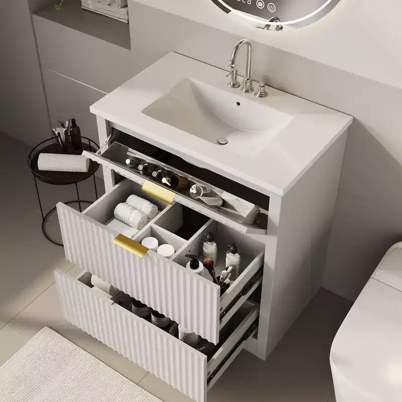 Mobile bagno moderno a doghe con lavabo integrato in ceramica, mobile bagno indipendente con 3 cassetti per bagni contemporanei