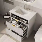 Mobile bagno moderno a doghe con lavabo integrato in ceramica, mobile bagno indipendente con 3 cassetti per bagni contemporanei