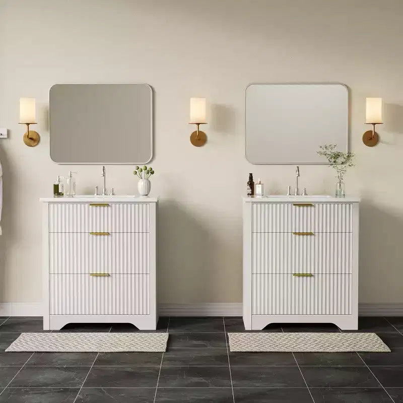 Mobile bagno moderno a doghe con lavabo integrato in ceramica, mobile bagno indipendente con 3 cassetti per bagni contemporanei
