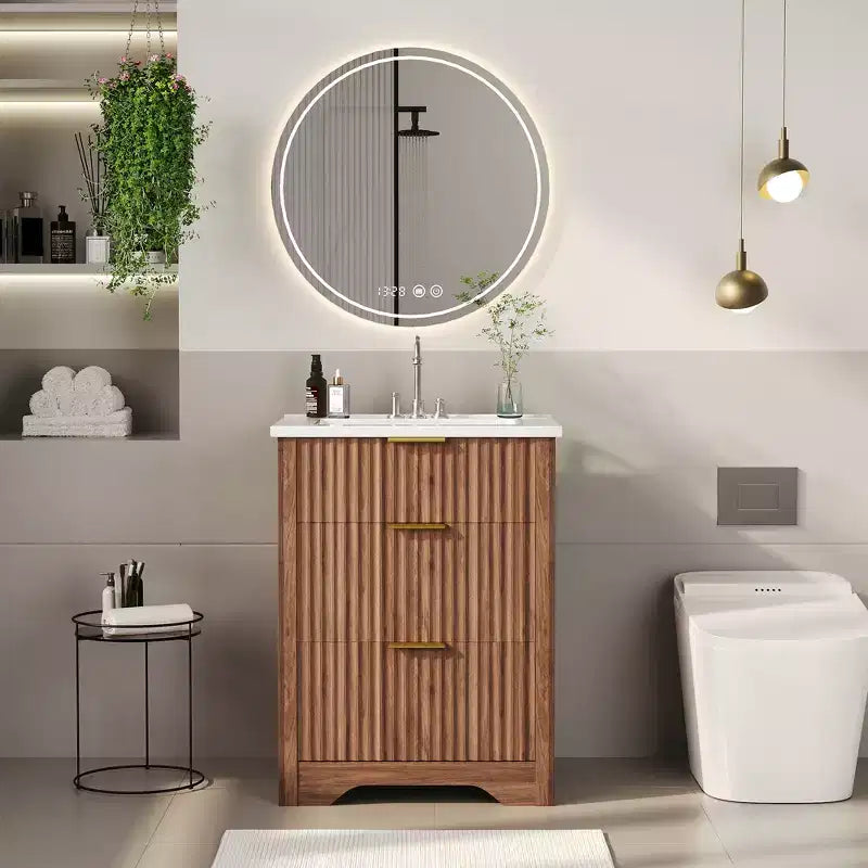Mobile bagno moderno a doghe con lavabo integrato in ceramica, mobile bagno indipendente con 3 cassetti per bagni contemporanei