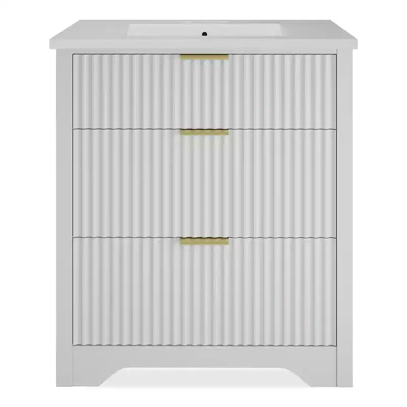 Mobile bagno moderno a doghe con lavabo integrato in ceramica, mobile bagno indipendente con 3 cassetti per bagni contemporanei