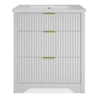 Mobile bagno moderno a doghe con lavabo integrato in ceramica, mobile bagno indipendente con 3 cassetti per bagni contemporanei