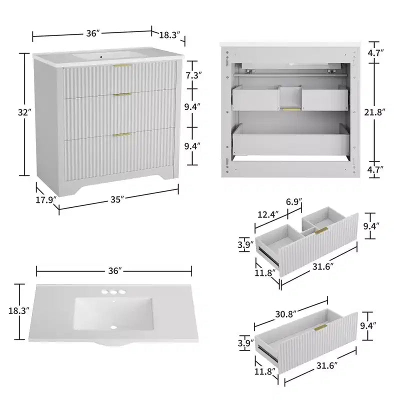 Mobile bagno moderno a doghe con lavabo integrato in ceramica, mobile bagno indipendente con 3 cassetti per bagni contemporanei