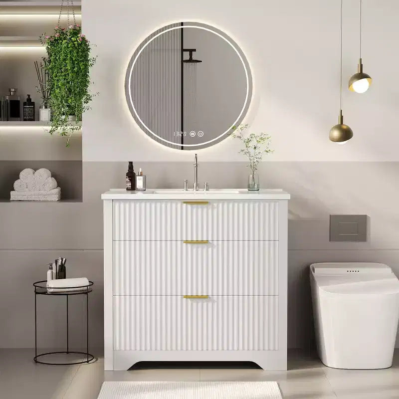 Mobile bagno moderno a doghe con lavabo integrato in ceramica, mobile bagno indipendente con 3 cassetti per bagni contemporanei